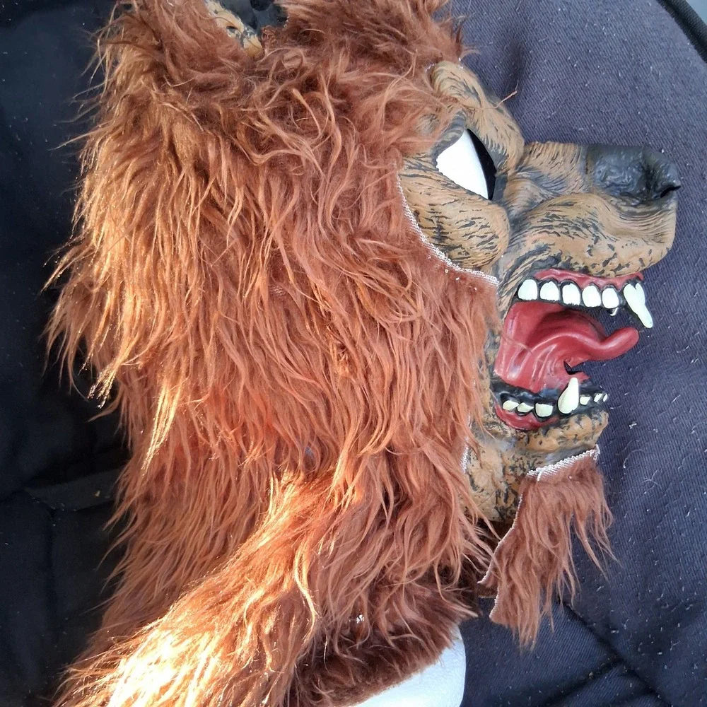 Vintage 90s Brown Furry Werewolf Monster Halloween Rubber Mask Scary Fangs
